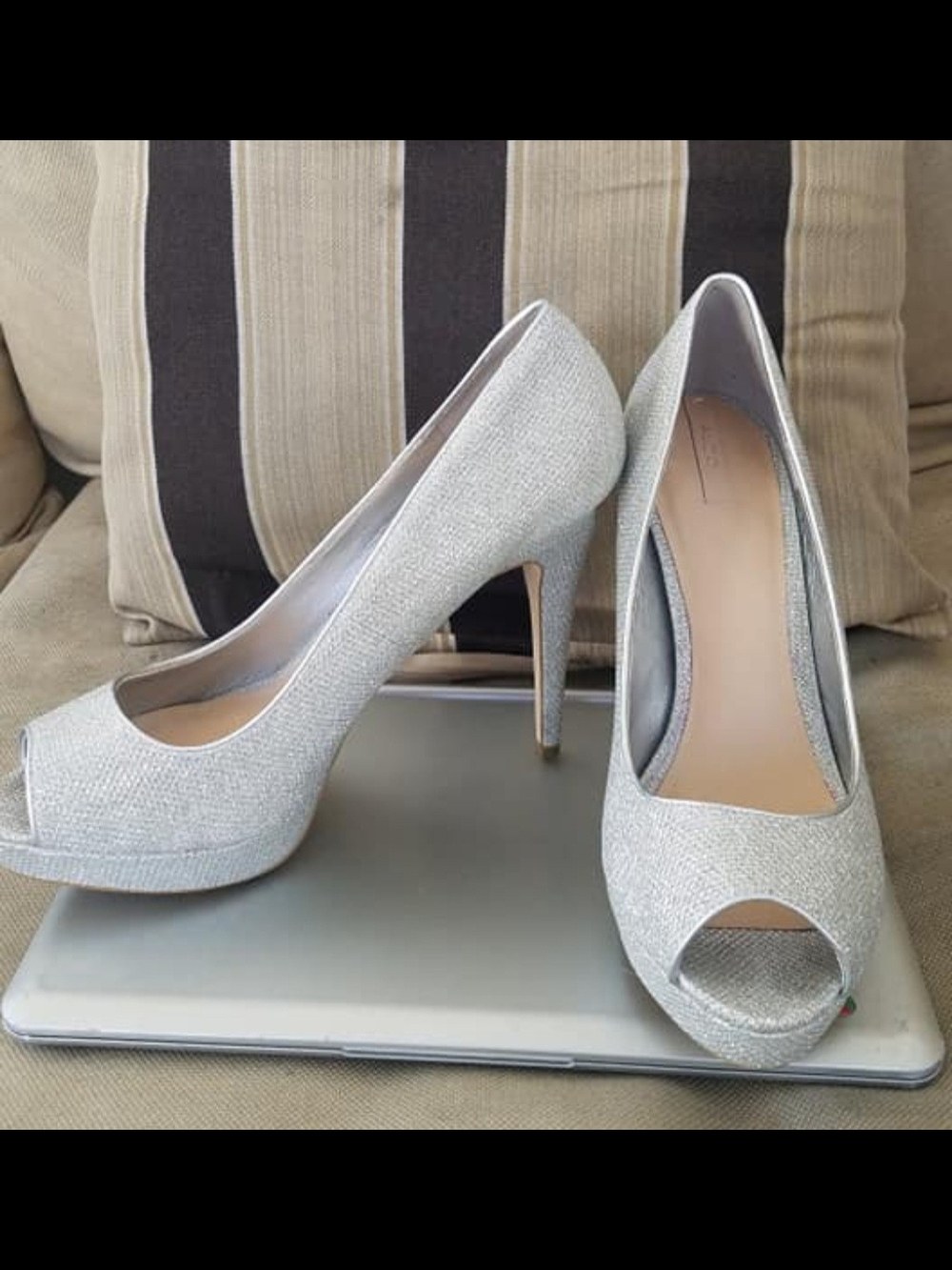 Aldo Silver Sparkle Peep-Toe High Heels